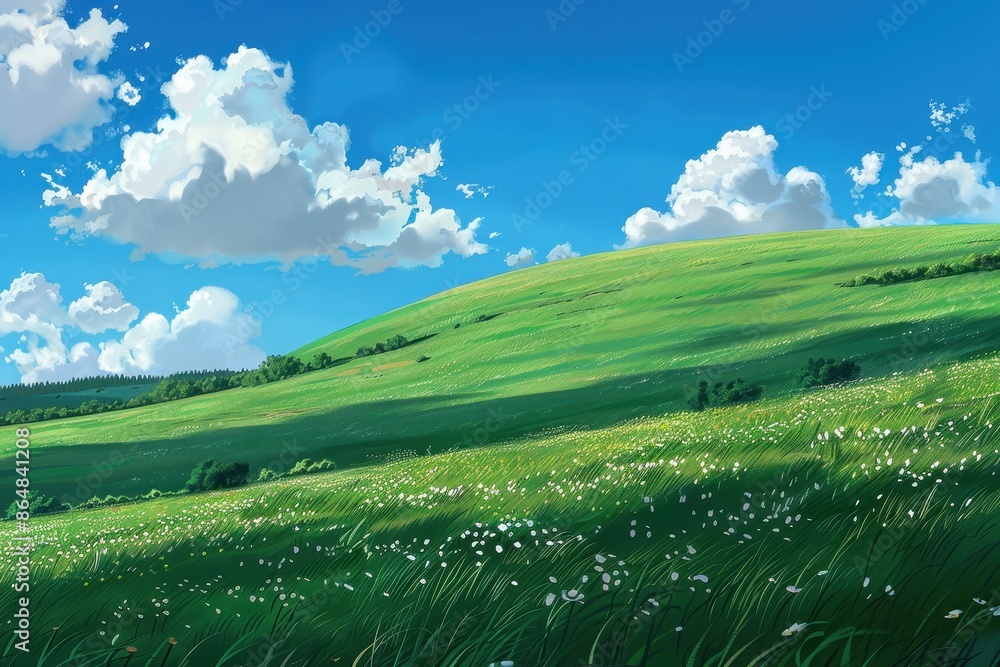 Obraz premium Beautiful rolling green hill with white wildflowers and blue sky with fluffy white clouds. Concept of nature, tranquility, peace, and relaxation.