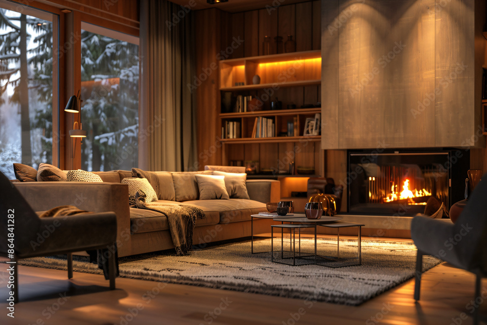 Elegant and cozy living room with a lit fireplace. Great for promoting interior design ideas, home comfort, and stylish home decor inspiration Elegant and cozy living room with a lit fireplace. Great for promoting interior design ideas, home comfort, and stylish home decor inspiration