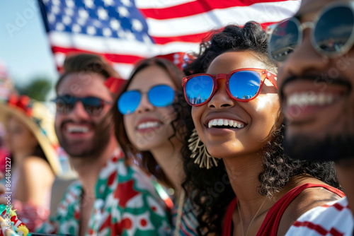 Photo of young people celebrating 4th of July Independence Day on road with blurry American Flag at background. Generative AI