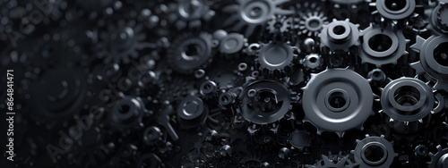 close-up of the black gearbox of a engine, gears background