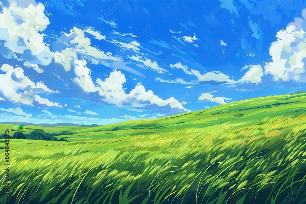 Beautiful green field with blue sky and white clouds, natural landscape. Concept of peace, serenity, tranquility, and freedom. Beautiful green field with blue sky and white clouds, natural landscape. Concept of peace, serenity, tranquility, and freedom.