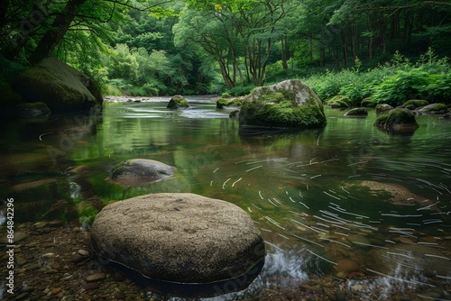 A tranquil river flows through the lush green forest of Gpile National Park in Cornwall, with large rocks and boulders creating ripples on its surface. The water reflects the surrounding trees and fol photo