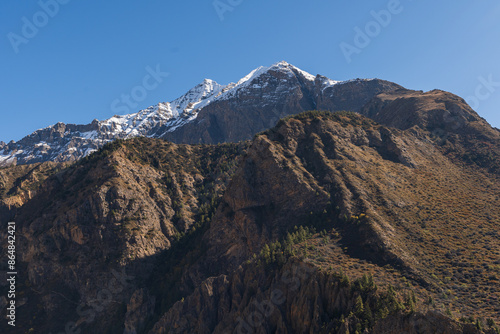 Beautiful cloudy blue sky landscape of Transhimalaya. A stunning mountainscape of Nepal photo