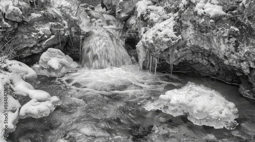 Ice water and stream in grayscale photo