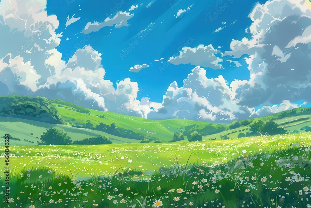 Fototapeta premium Vibrant green meadow with fluffy white clouds in a blue sky, animated nature landscape background for digital design