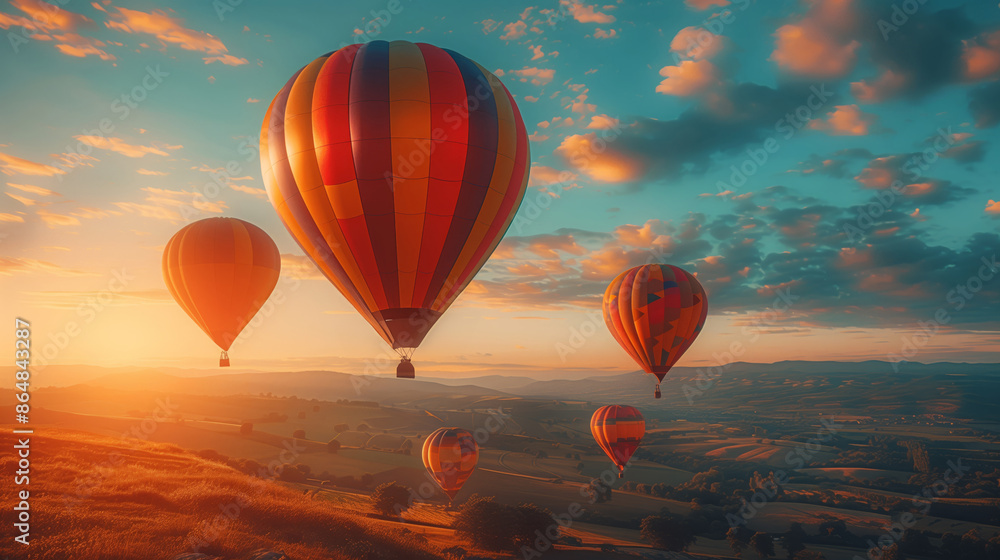Naklejka premium A breathtaking view of colorful hot air balloons flying against a stunning sunrise sky.