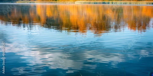 Reflection on the lake surface: The calm lake surface reflects an autumn scenery. The lake water is crystal clear and the reflection is clearly visible. Natural seasonal changes, generated by AI, high