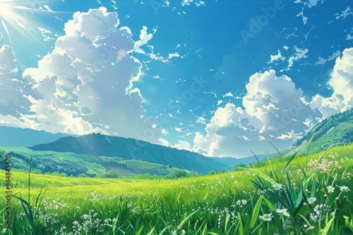 Anime Style Landscape, Green Grass Meadow with Blue Sky and White Clouds