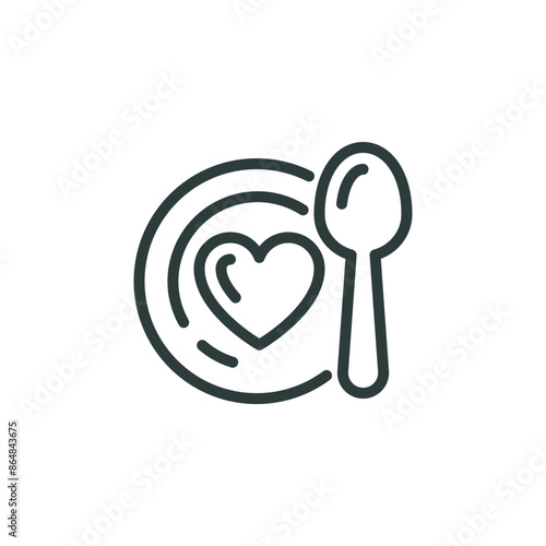 Thin outline icon plate with heart symbol and spoon. Line sign healthy eating or favorite recipe, volunteer food humanitarian assistance. Vector isolated pictogram on white background editable stroke.
