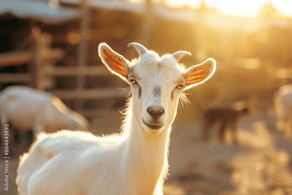 Adorable White Goat in Sunlit Farmyard Setting at Golden Hour Adorable White Goat in Sunlit Farmyard Setting at Golden Hour