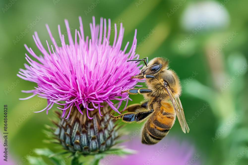Honeybee Collecting Nectar on a Vibrant Purple Thistle Flower in a Natural Garden Setting Honeybee Collecting Nectar on a Vibrant Purple Thistle Flower in a Natural Garden Setting