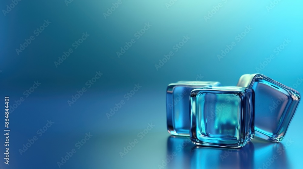 Three glass ice cubes on a reflective blue surface, creating a cool and clean look. Suitable for banner, card or advert backdrop. Three glass ice cubes on a reflective blue surface, creating a cool and clean look. Suitable for banner, card or advert backdrop.