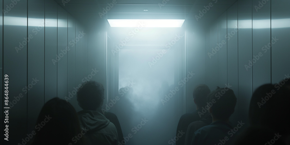 Group of people standing in an elevator, shadows of employees in the elevator getting ready to go to work Group of people standing in an elevator, shadows of employees in the elevator getting ready to go to work