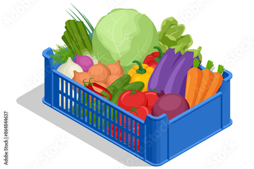 Isometric box with fresh ripe vegetables. The box contains cabbage, onions, carrots, eggplants, lettuce peppers. Natural fresh products. Sellers and marketing concept. Farmer market.