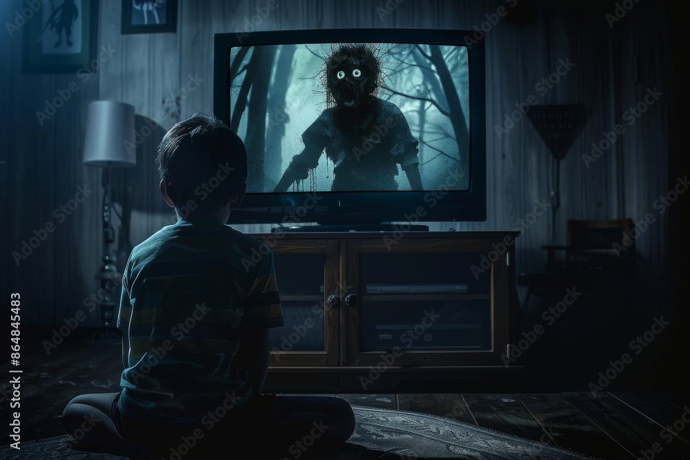 Child seated in front of television, engrossed in a UHD 4K horror film with sharp focus Child seated in front of television, engrossed in a UHD 4K horror film with sharp focus
