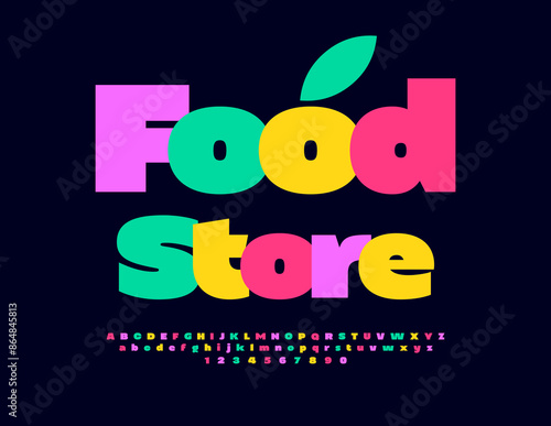 Vector advertising signboard Food Store. Bold Colorful Font. Bright Alphabet Letters and Numbers set.