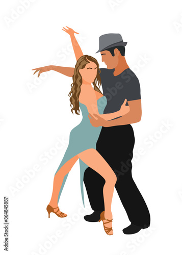 Dancing Couple, Dancers Tango, Salsa, Bachata, Latina Dance. Young man and woman in dance pose. Vector realistic illustration isolated on transparent background.