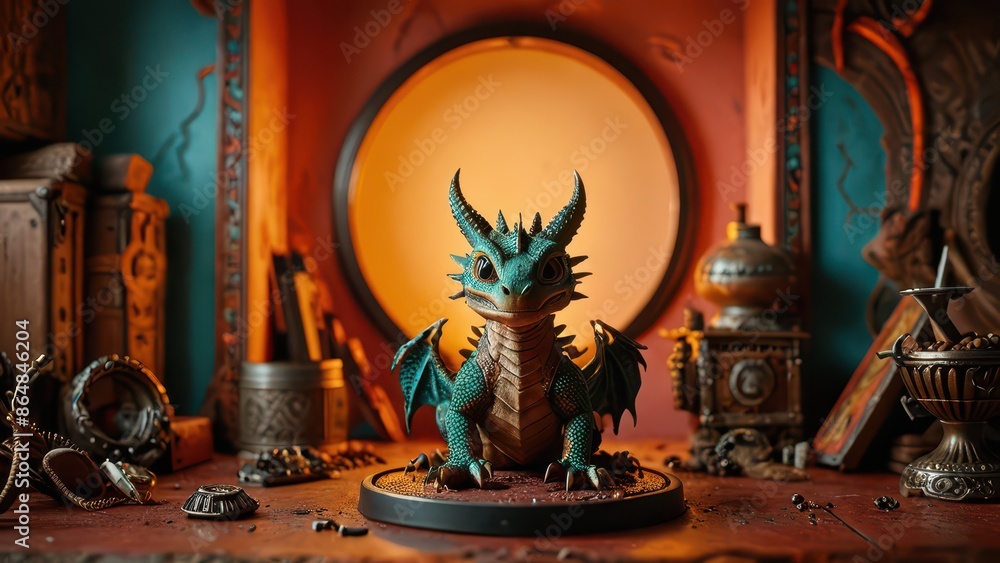 Green Dragon Figurine On Table. Green Dragon Figurine On Table.