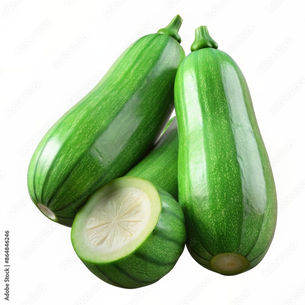 Fresh whole and sliced green zucchini with vibrant green skin, showcasing detailed textures and natural shapes. 3D Render. Fresh whole and sliced green zucchini with vibrant green skin, showcasing detailed textures and natural shapes. 3D Render.