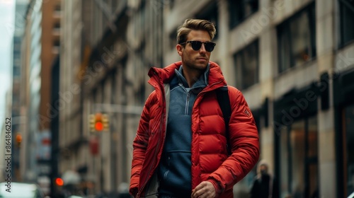 A man in a red puffer jacket and sunglasses walks down a city street. He is surrounded by tall buildings and other pedestrians