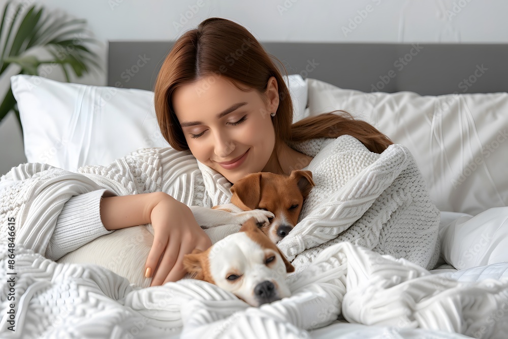 Young woman enjoying a cozy morning in bed with her two small dogs, wrapped in a warm blanket. Young woman enjoying a cozy morning in bed with her two small dogs, wrapped in a warm blanket.