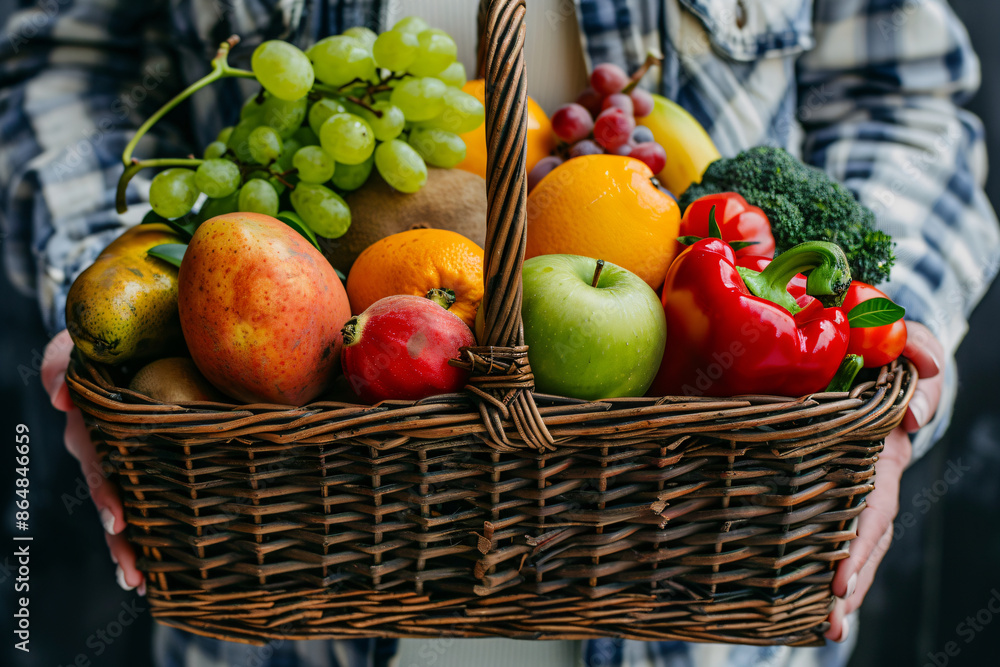Hands holding a basket of colorful fruits and vegetables. Perfect for content related to nutrition, gardening, and local produce Hands holding a basket of colorful fruits and vegetables. Perfect for content related to nutrition, gardening, and local produce