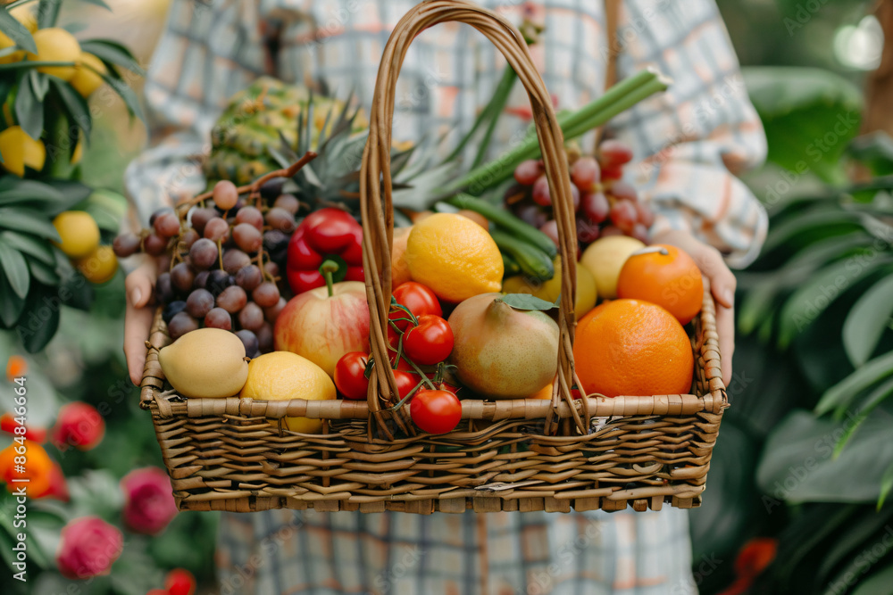 Hands holding a basket of colorful fruits and vegetables. Perfect for content related to nutrition, gardening, and local produce Hands holding a basket of colorful fruits and vegetables. Perfect for content related to nutrition, gardening, and local produce