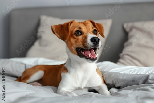 Adorable brown and white dog lying on a bed, looking excited and happy in a cozy home setting.