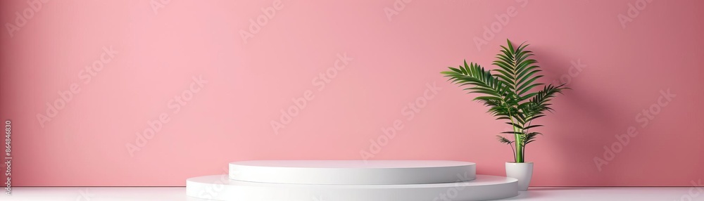 Minimalist white pedestal with a potted palm plant against a pink background. Modern design, clean and simple aesthetic. Minimalist white pedestal with a potted palm plant against a pink background. Modern design, clean and simple aesthetic.