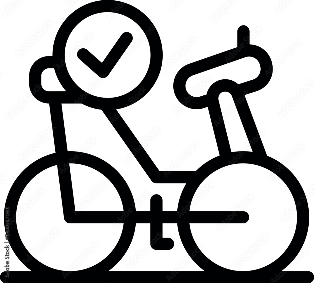 Simple line icon of a bicycle with a check mark, representing a bike sharing service and availability Simple line icon of a bicycle with a check mark, representing a bike sharing service and availability