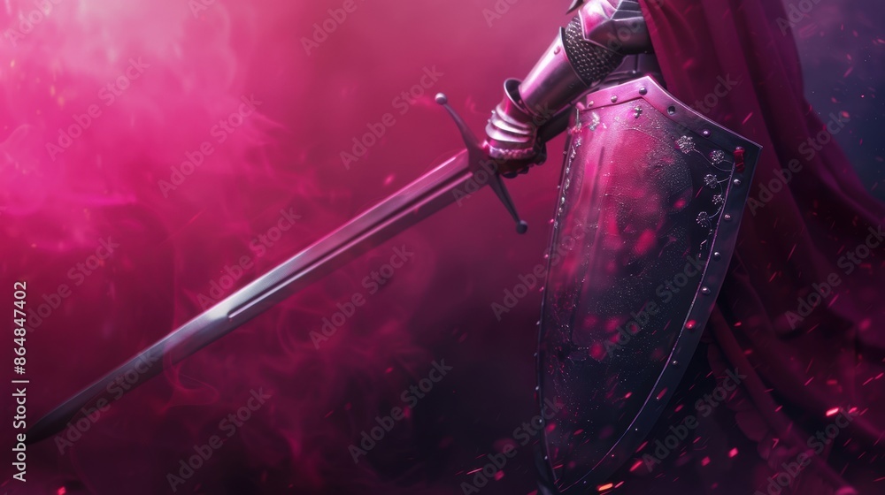 Naklejka premium A close-up of a sword held by a person wearing a crimson cape, set in a glowing fantasy setting.