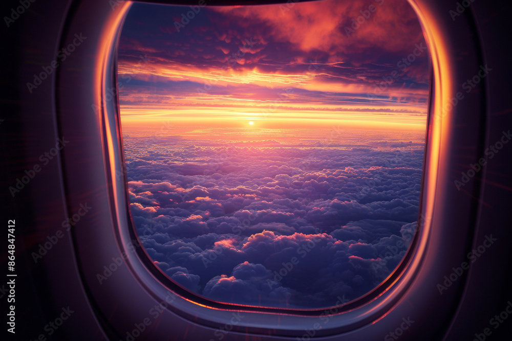 Spectacular sunset view from an airplane window, highlighting the ...