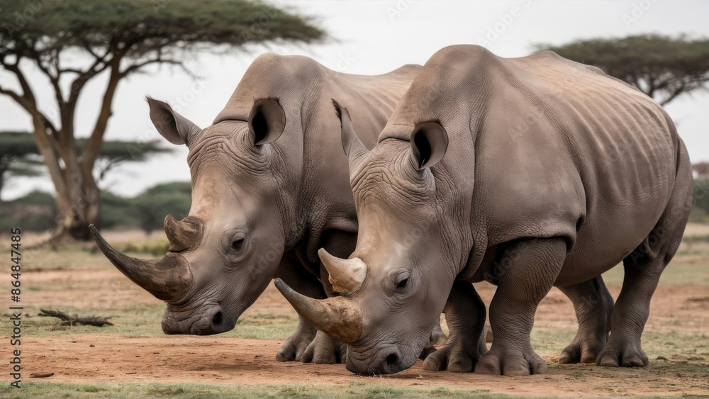 portrait of two white rhinoceroses (Ceratotherium simum) in South Africa, highlighting their massive size and textured skin portrait of two white rhinoceroses (Ceratotherium simum) in South Africa, highlighting their massive size and textured skin