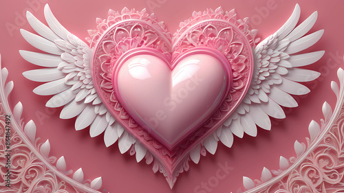 Beautiful and perfect pink heart, detailed, digital illustration, real, 3D, pink heart and subtle details, on each side of the heart there are white wings with pink and large details, bright mandala s photo