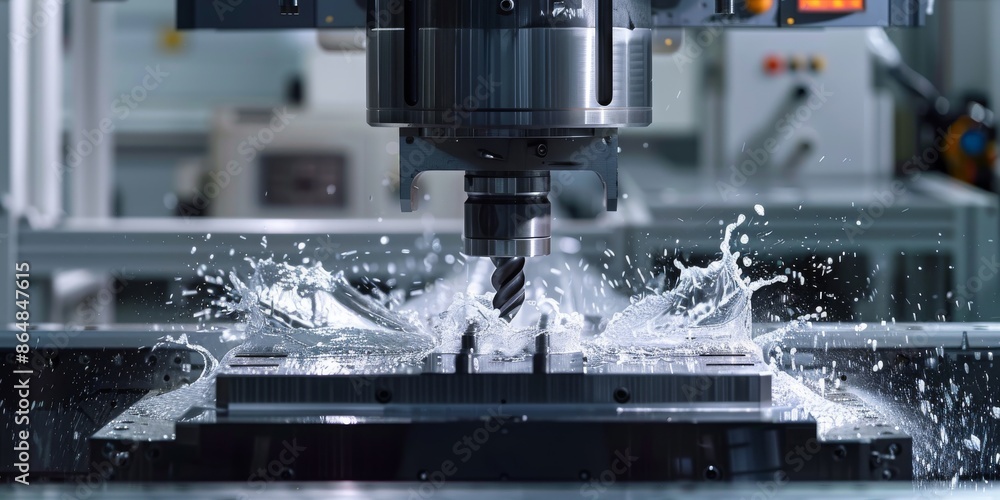 High-tech manufacturing environment featuring a CNC machine in action with coolant splashing High-tech manufacturing environment featuring a CNC machine in action with coolant splashing