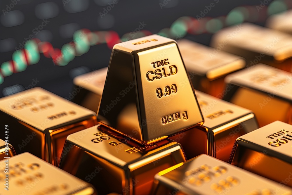 Close-up stack of gold bars with financial graph in the background, symbolizing wealth, investment, and economic growth. Close-up stack of gold bars with financial graph in the background, symbolizing wealth, investment, and economic growth.