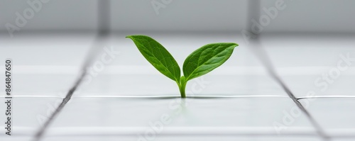 Close-up of a small green plant sprouting through white tiles, symbolizing growth, resilience, and new beginnings.