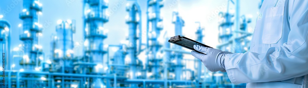 Engineer with tablet inspecting a modern refinery plant. Blue tones convey technology and industry advancement. Concept of industrial inspection. Engineer with tablet inspecting a modern refinery plant. Blue tones convey technology and industry advancement. Concept of industrial inspection.
