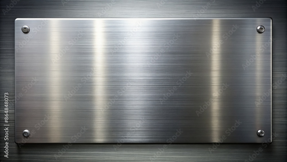 Obraz premium Highly polished, wide, flat, rectangular metal plate, gleaming with refined brushed finish, reflecting subtle industrial workshop ambient light.