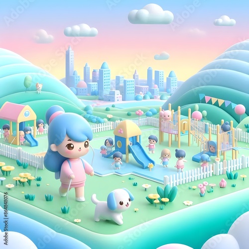 Vibrant 3D cartoon illustration of a little girl walking her puppy in a pastel blue, pink, yellow, and green park, perfect for children's books, animation, game design, and digital media projects