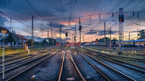 Panorama at main station of Hagen in Westphalia Germany at blue hour twilight Railway tracks with switches lamp lights and blurred trains in motion Colorful railway infrastructure and  : Generative AI
