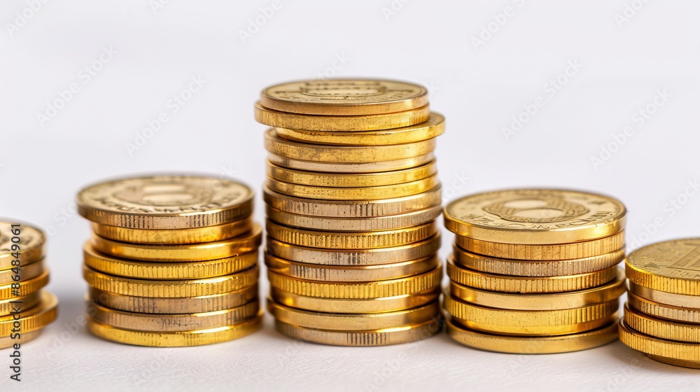 Stacked coins arranged in ascending order on a white background, representing financial growth and wealth accumulation. Stacked coins arranged in ascending order on a white background, representing financial growth and wealth accumulation.