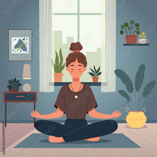 A girl meditates in a room with plants.Young woman with crossed legs and closed eyes meditating at home.Flat cartoon vector illustration.