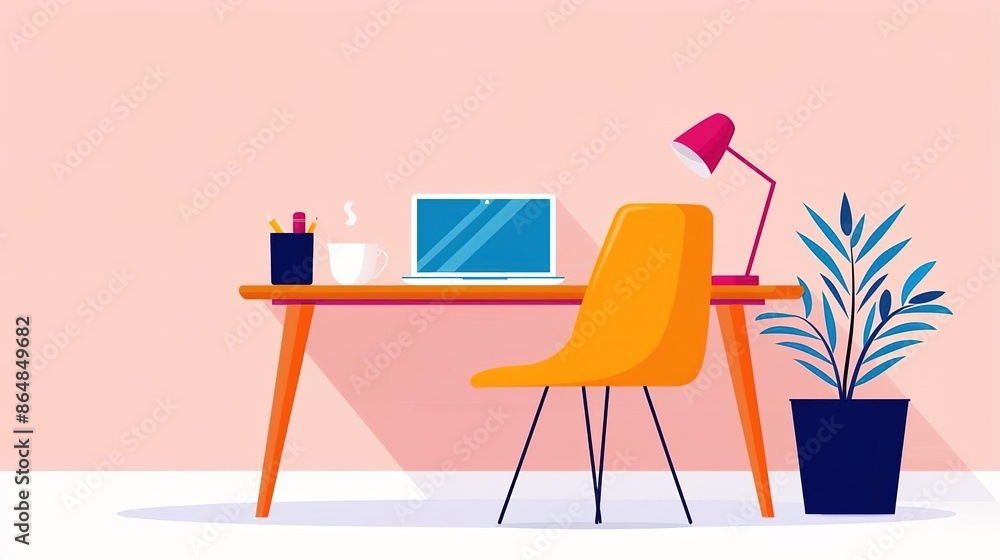 Fototapeta premium Minimalist workspace with laptop, chair, lamp, and plant on a desk.