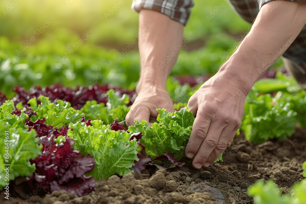 Fototapeta premium Close-up of farmer's hands harvesting fresh lettuce in a sunlit vegetable garden.