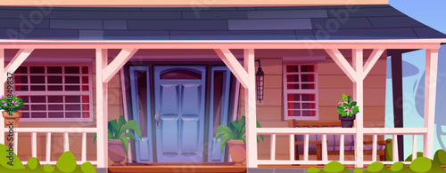 House front door with porch and window on facade cartoon illustration. Wooden home building exterior with fence near entry for beautiful neighborhood scene. Doorstep on patio for village design