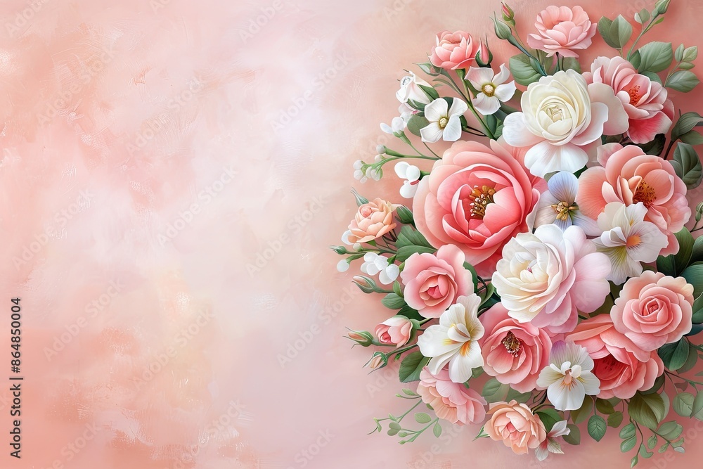 Bouquet with roses and irises, right side, pastel abstract background, elegant and cheerful Bouquet with roses and irises, right side, pastel abstract background, elegant and cheerful