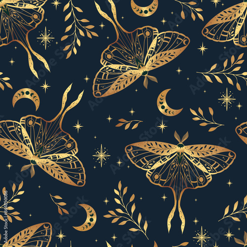 Vector seamless pattern with moon moth and stars. Contemporary composition. Trendy texture for print, textile, packaging.