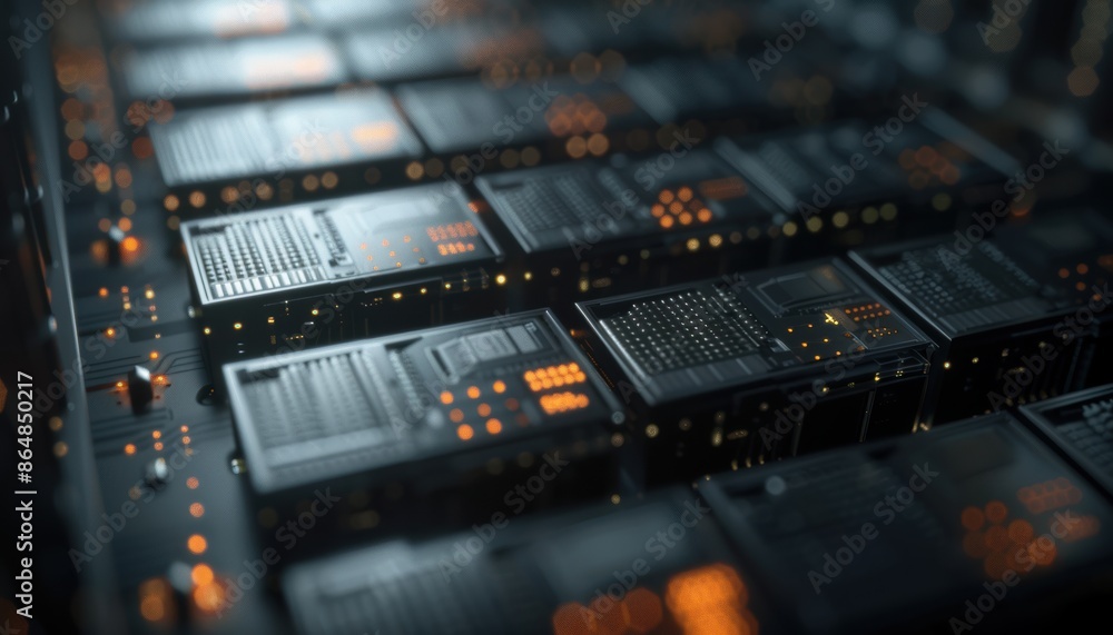 Close-up of multiple black server racks with orange lights in a data center, illustrating technology and network infrastructure.
