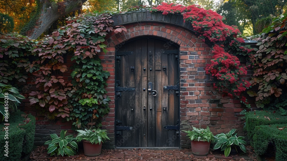 A brick wall with a small, arched wooden door leading to a secret garden. A brick wall with a small, arched wooden door leading to a secret garden.